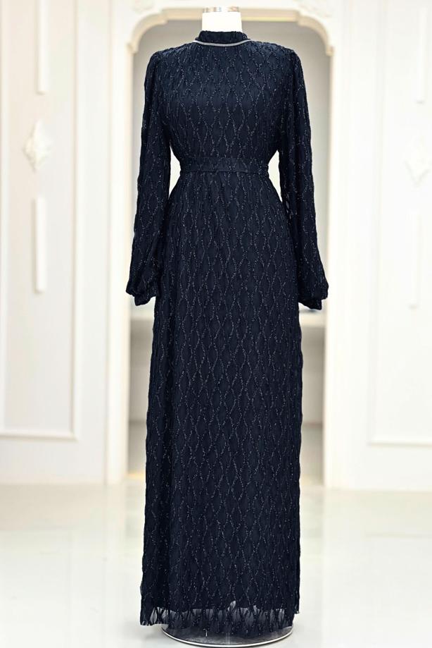 Tesettür giyim LACİVERT KUŞAKLI ABİYE ELBİSE T 1463 - TRENDTESETTÜR