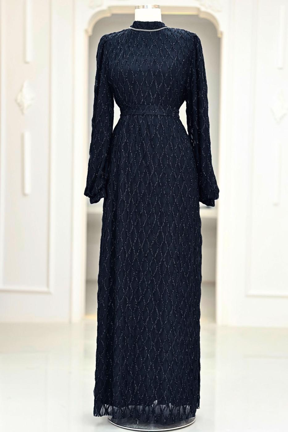 Tesettür giyim LACİVERT KUŞAKLI ABİYE ELBİSE T 1463