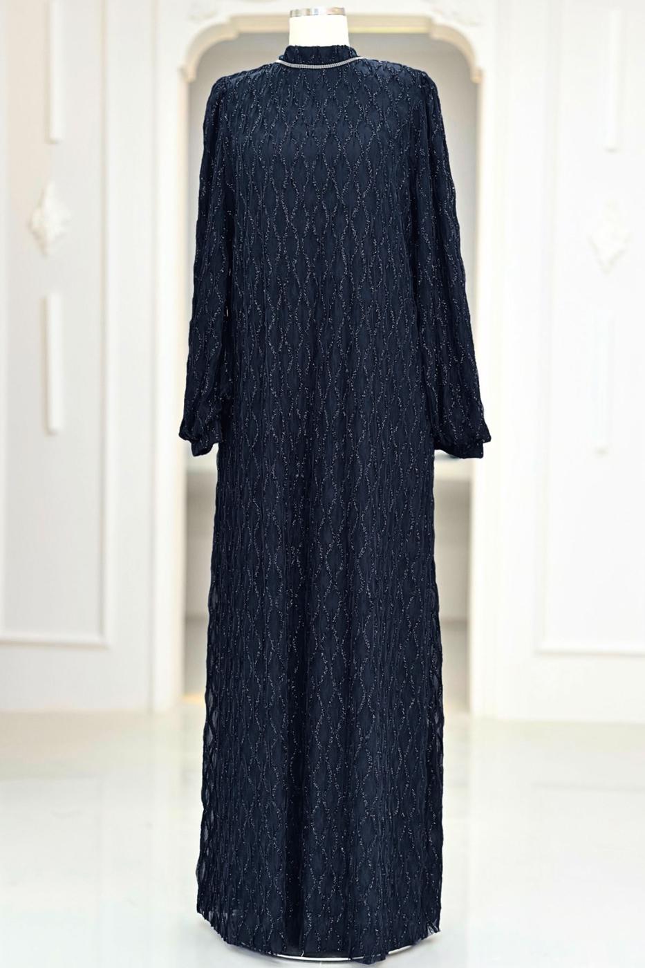 Tesettür giyim LACİVERT KUŞAKLI ABİYE ELBİSE T 1463