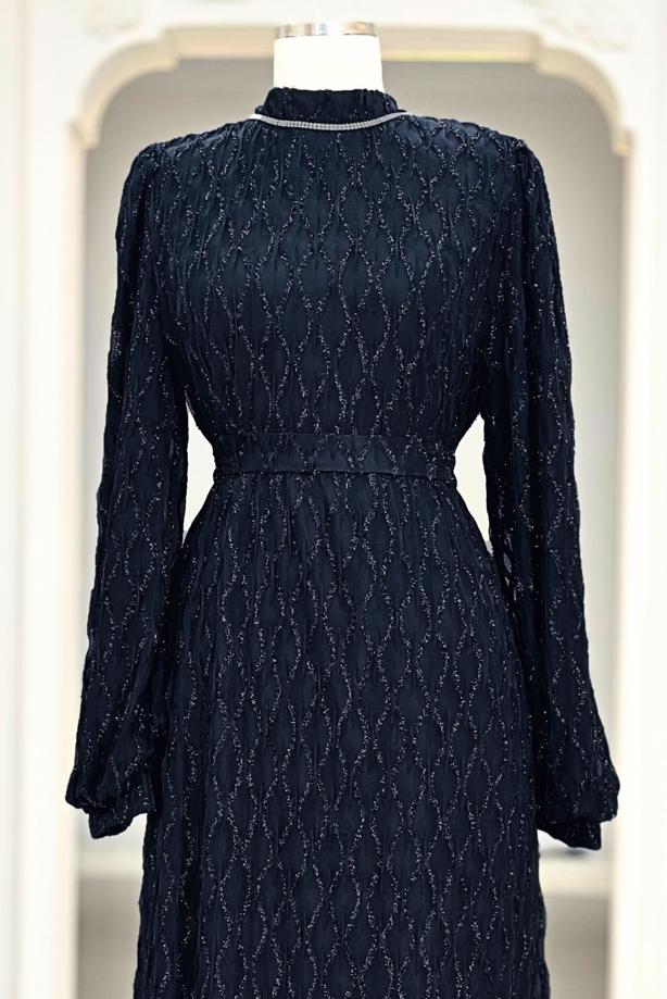 Tesettür giyim LACİVERT KUŞAKLI ABİYE ELBİSE T 1463 - TRENDTESETTÜR