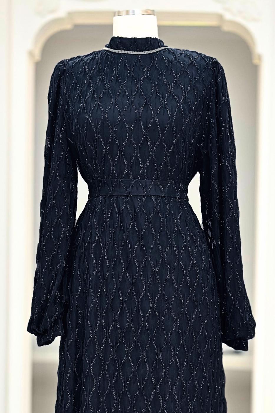 Tesettür giyim LACİVERT KUŞAKLI ABİYE ELBİSE T 1463