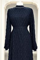 Tesettür giyim LACİVERT KUŞAKLI ABİYE ELBİSE T 1463