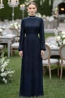 Hijab clothing NAVY BLUE BELTED EVENING DRESS T 1463