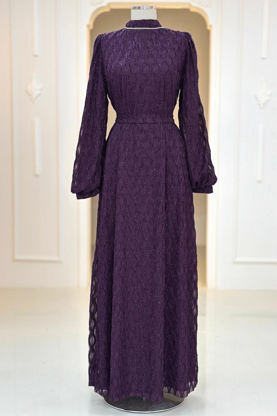 Tesettür giyim MÜRDÜM KUŞAKLI ABİYE ELBİSE T 1463