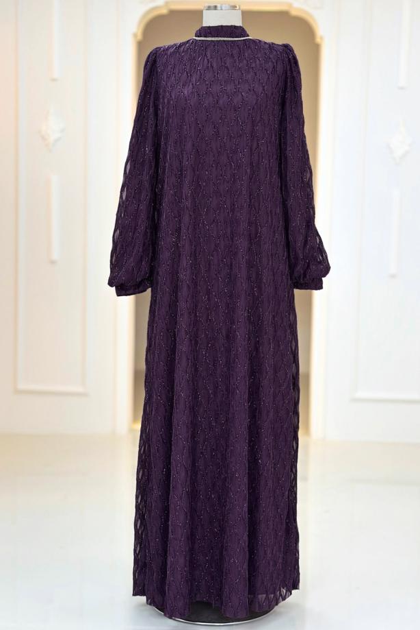 Tesettür giyim MÜRDÜM KUŞAKLI ABİYE ELBİSE T 1463 - TRENDTESETTÜR