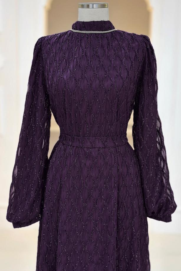 Tesettür giyim MÜRDÜM KUŞAKLI ABİYE ELBİSE T 1463 - TRENDTESETTÜR