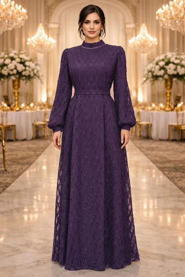 Tesettür giyim MÜRDÜM KUŞAKLI ABİYE ELBİSE T 1463 - TRENDTESETTÜR