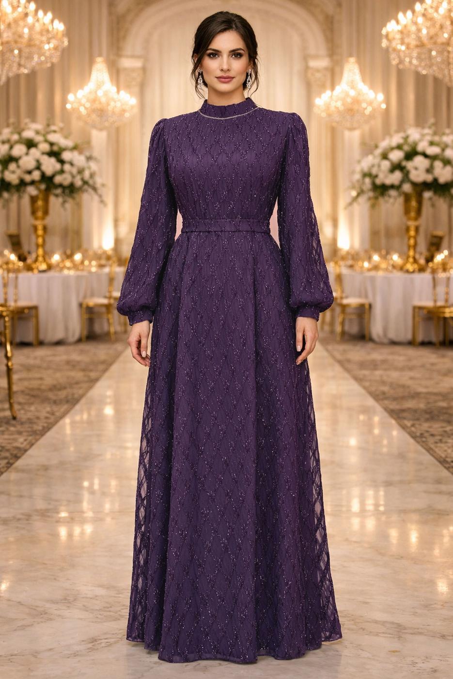 Tesettür giyim MÜRDÜM KUŞAKLI ABİYE ELBİSE T 1463