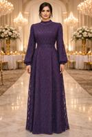 Tesettür giyim MÜRDÜM KUŞAKLI ABİYE ELBİSE T 1463