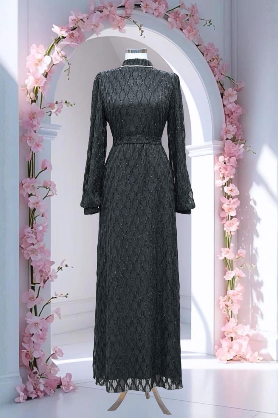 Hijab clothing GREY BELTED EVENING DRESS T 1463