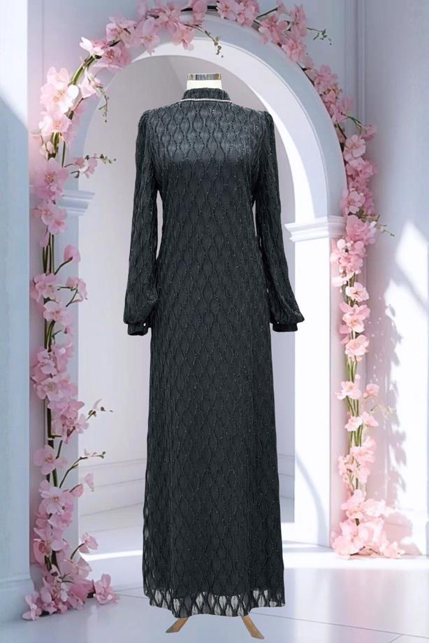 Hijab clothing GREY BELTED EVENING DRESS T 1463 - TRENDTESETTÜR