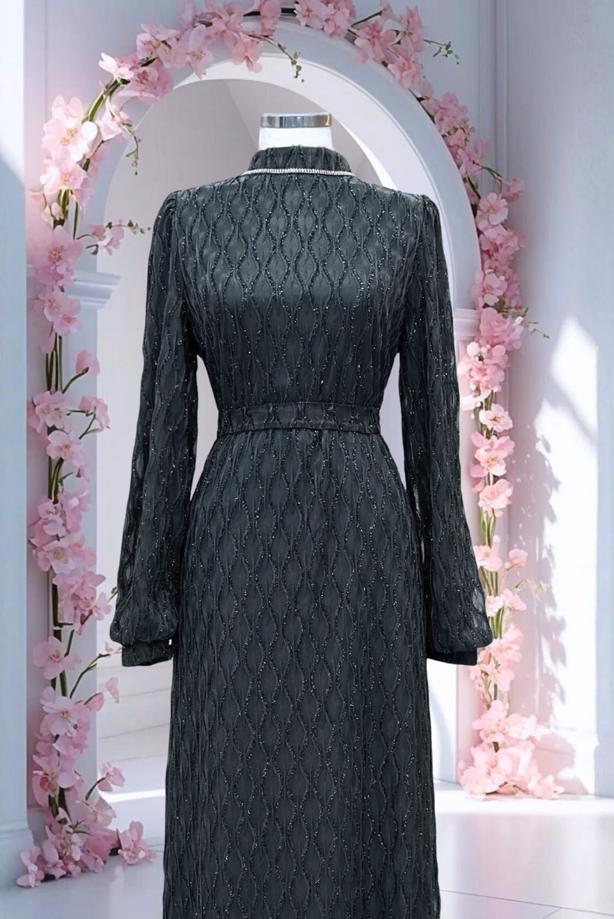 Hijab clothing GREY BELTED EVENING DRESS T 1463 - TRENDTESETTÜR
