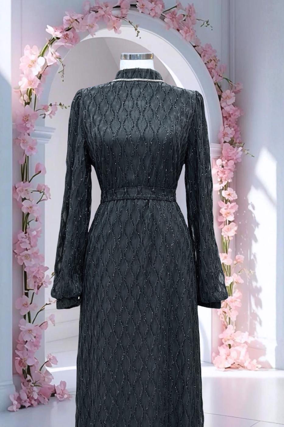 Hijab clothing GREY BELTED EVENING DRESS T 1463