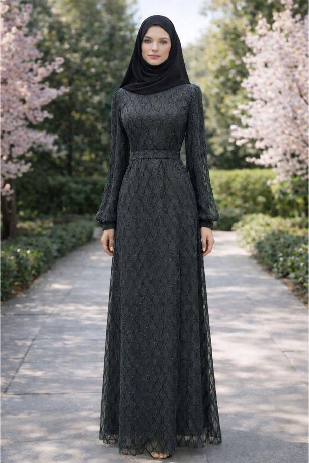 Tesettür giyim GRİ KUŞAKLI ABİYE ELBİSE T 1463 - TRENDTESETTÜR