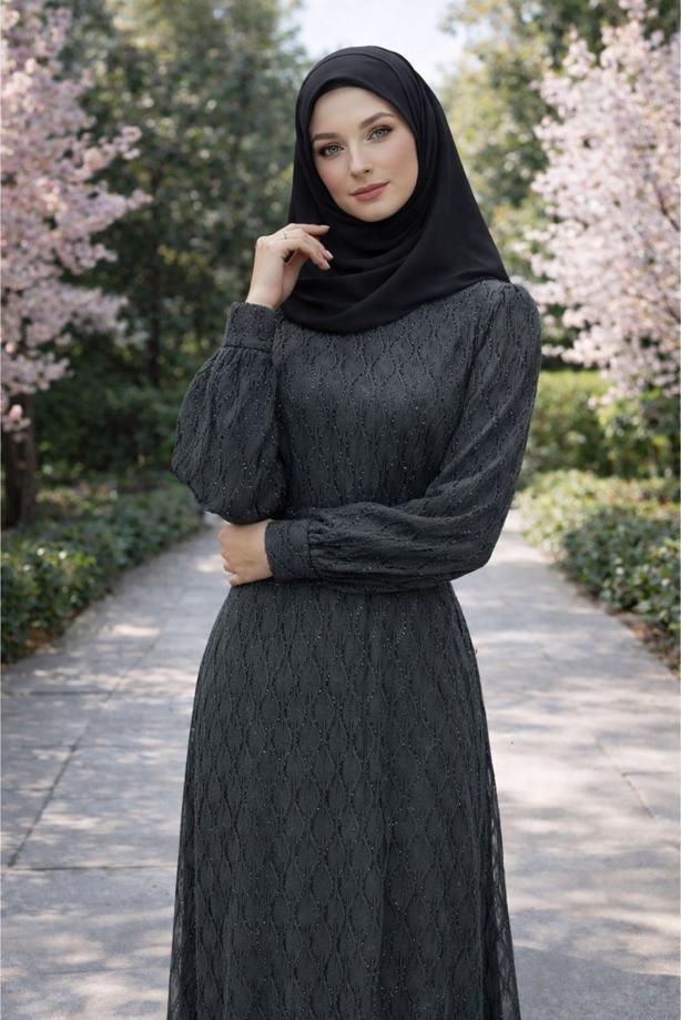 Tesettür giyim GRİ KUŞAKLI ABİYE ELBİSE T 1463 - TRENDTESETTÜR