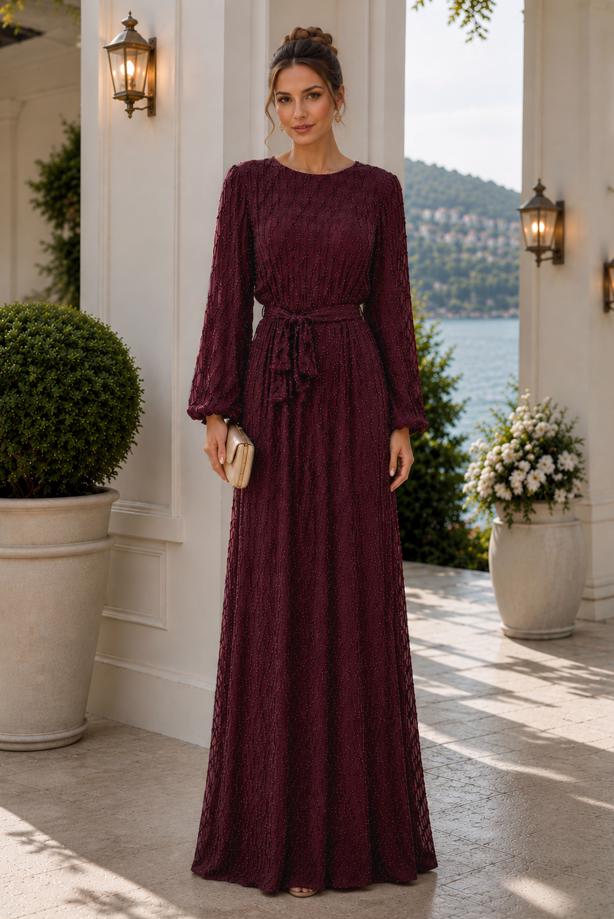 Tesettür giyim BORDO KUŞAKLI ABİYE ELBİSE T 1464 - TRENDTESETTÜR