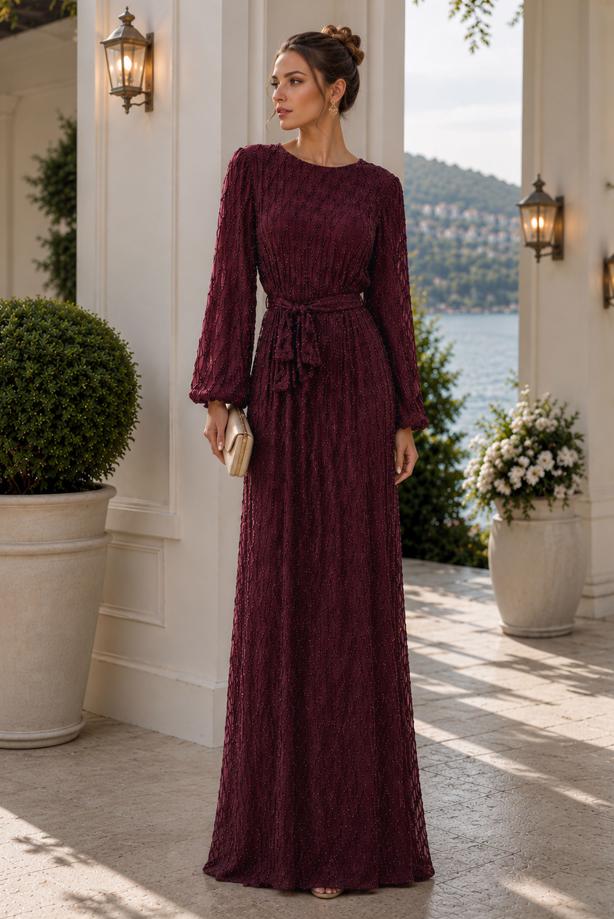 Tesettür giyim BORDO KUŞAKLI ABİYE ELBİSE T 1464 - TRENDTESETTÜR