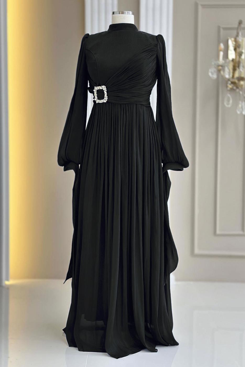 Tesettür giyim SİYAH ŞİFON ABİYE ELBİSE T 1563