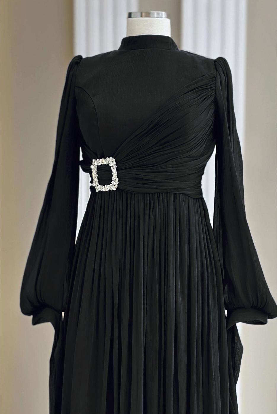 Tesettür giyim SİYAH ŞİFON ABİYE ELBİSE T 1563