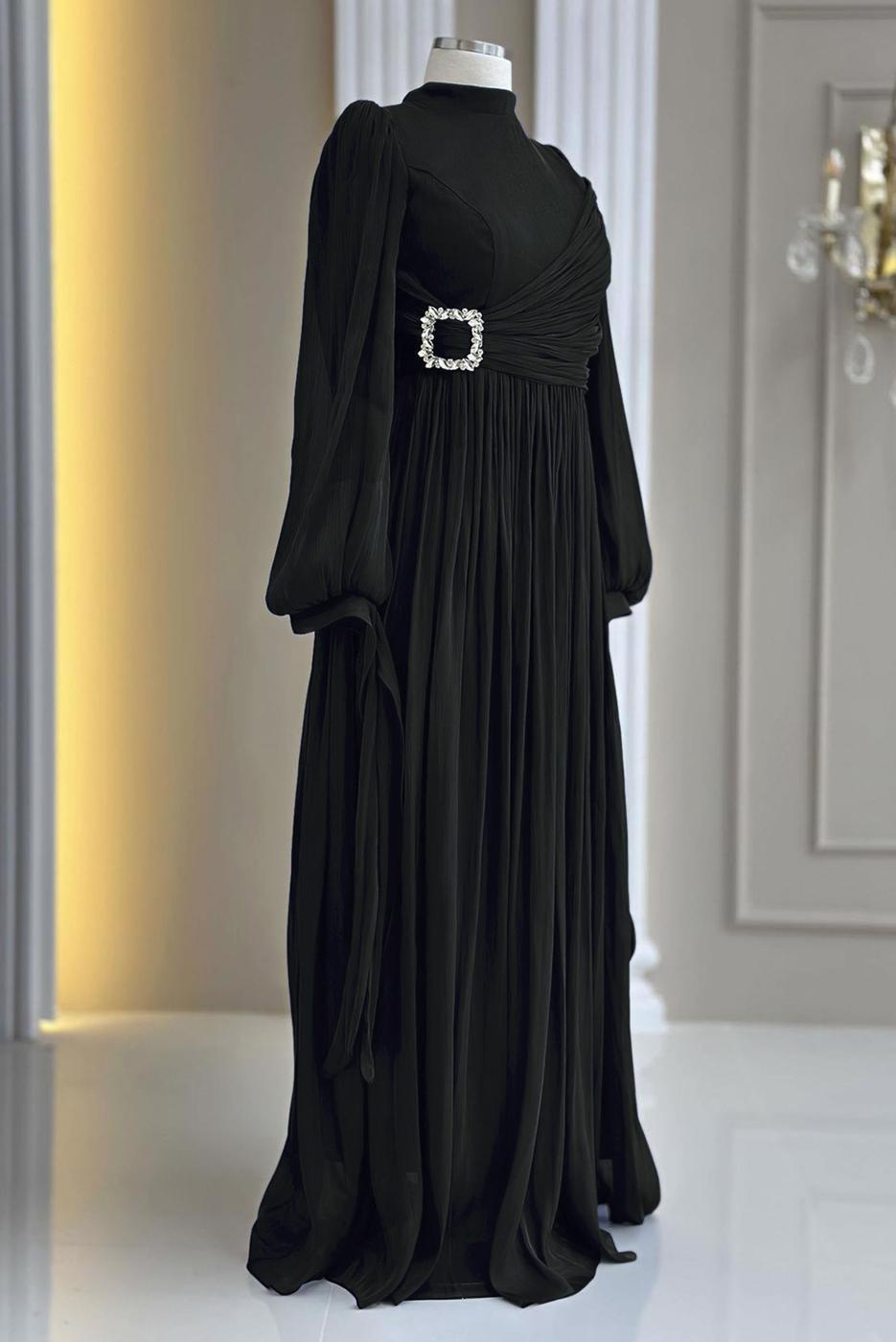 Tesettür giyim SİYAH ŞİFON ABİYE ELBİSE T 1563