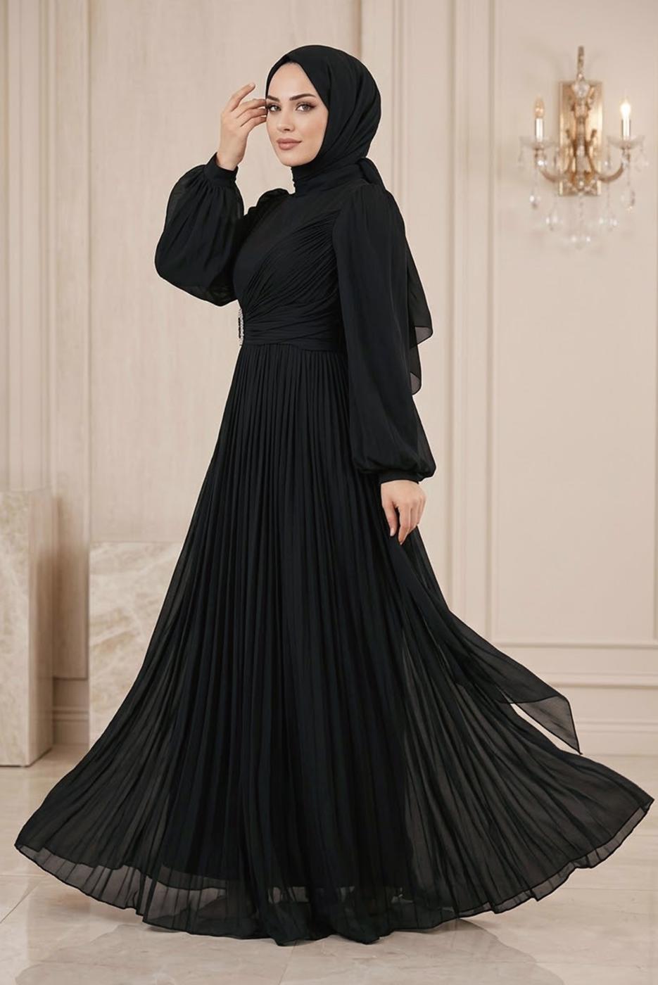 Tesettür giyim SİYAH ŞİFON ABİYE ELBİSE T 1563