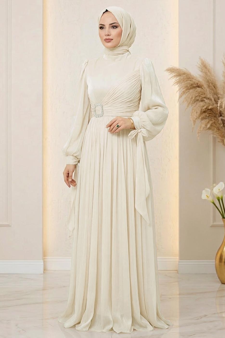 Tesettür giyim KREM ŞİFON ABİYE ELBİSE T 1563