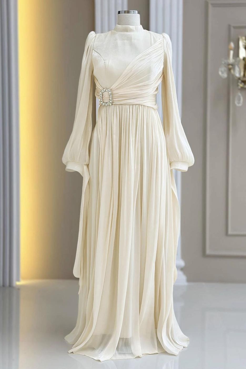 Tesettür giyim KREM ŞİFON ABİYE ELBİSE T 1563