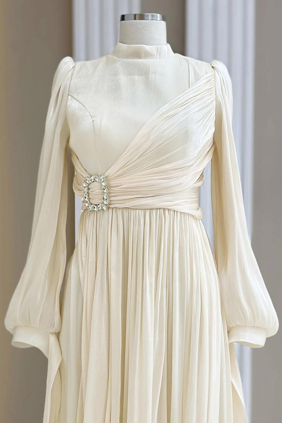 Tesettür giyim KREM ŞİFON ABİYE ELBİSE T 1563