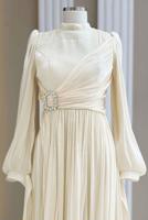 Tesettür giyim KREM ŞİFON ABİYE ELBİSE T 1563