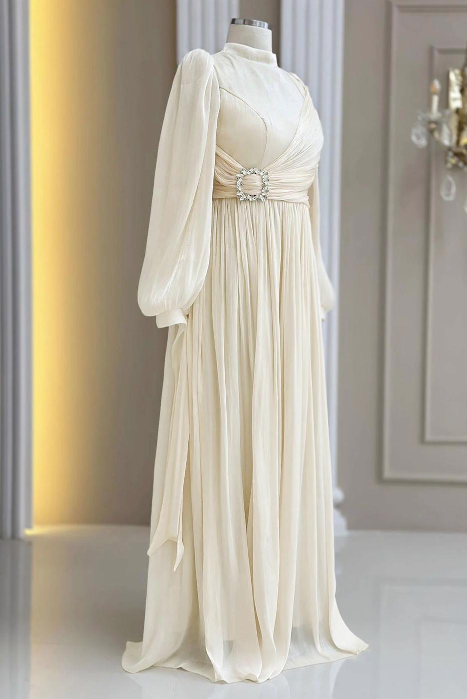 Tesettür giyim KREM ŞİFON ABİYE ELBİSE T 1563