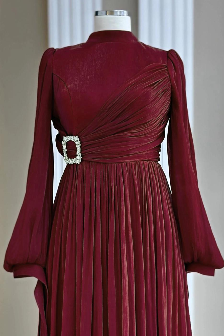 Tesettür giyim BORDO T 1563 AH ABİYE ELBİSE