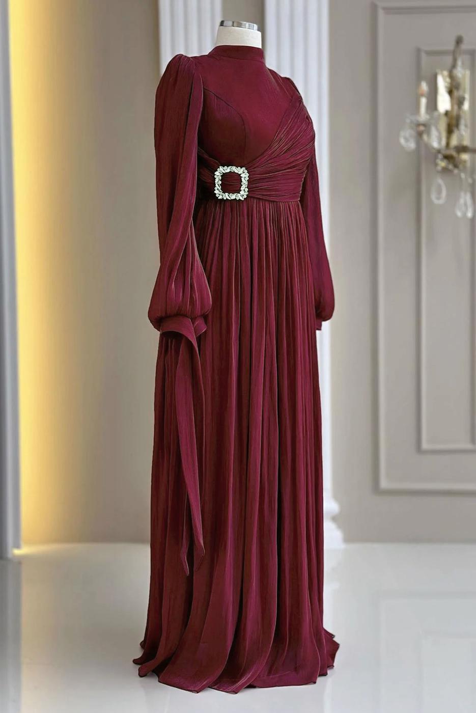 Tesettür giyim BORDO T 1563 AH ABİYE ELBİSE