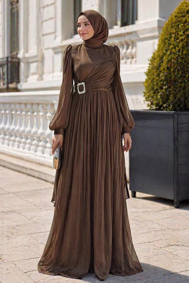 Tesettür giyim KAHVE ŞİFON ABİYE ELBİSE T 1563 - TRENDTESETTÜR
