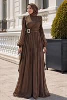 Tesettür giyim KAHVE ŞİFON ABİYE ELBİSE T 1563