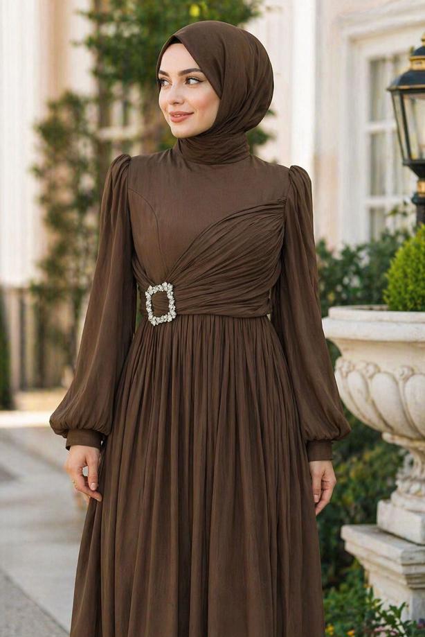 Tesettür giyim KAHVE ŞİFON ABİYE ELBİSE T 1563 - TRENDTESETTÜR