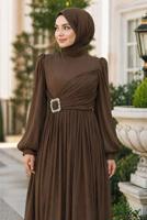 Tesettür giyim KAHVE ŞİFON ABİYE ELBİSE T 1563