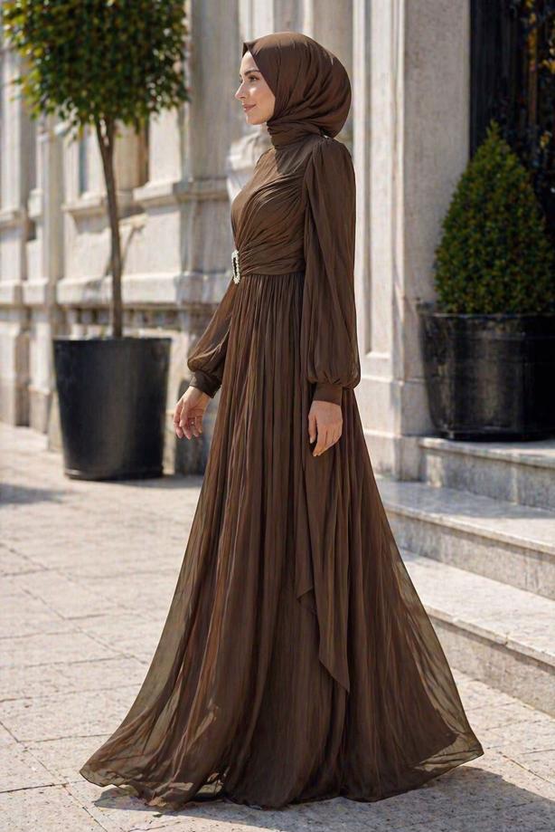 Tesettür giyim KAHVE ŞİFON ABİYE ELBİSE T 1563 - TRENDTESETTÜR