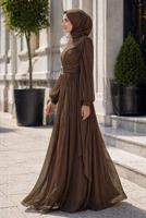 Tesettür giyim KAHVE ŞİFON ABİYE ELBİSE T 1563
