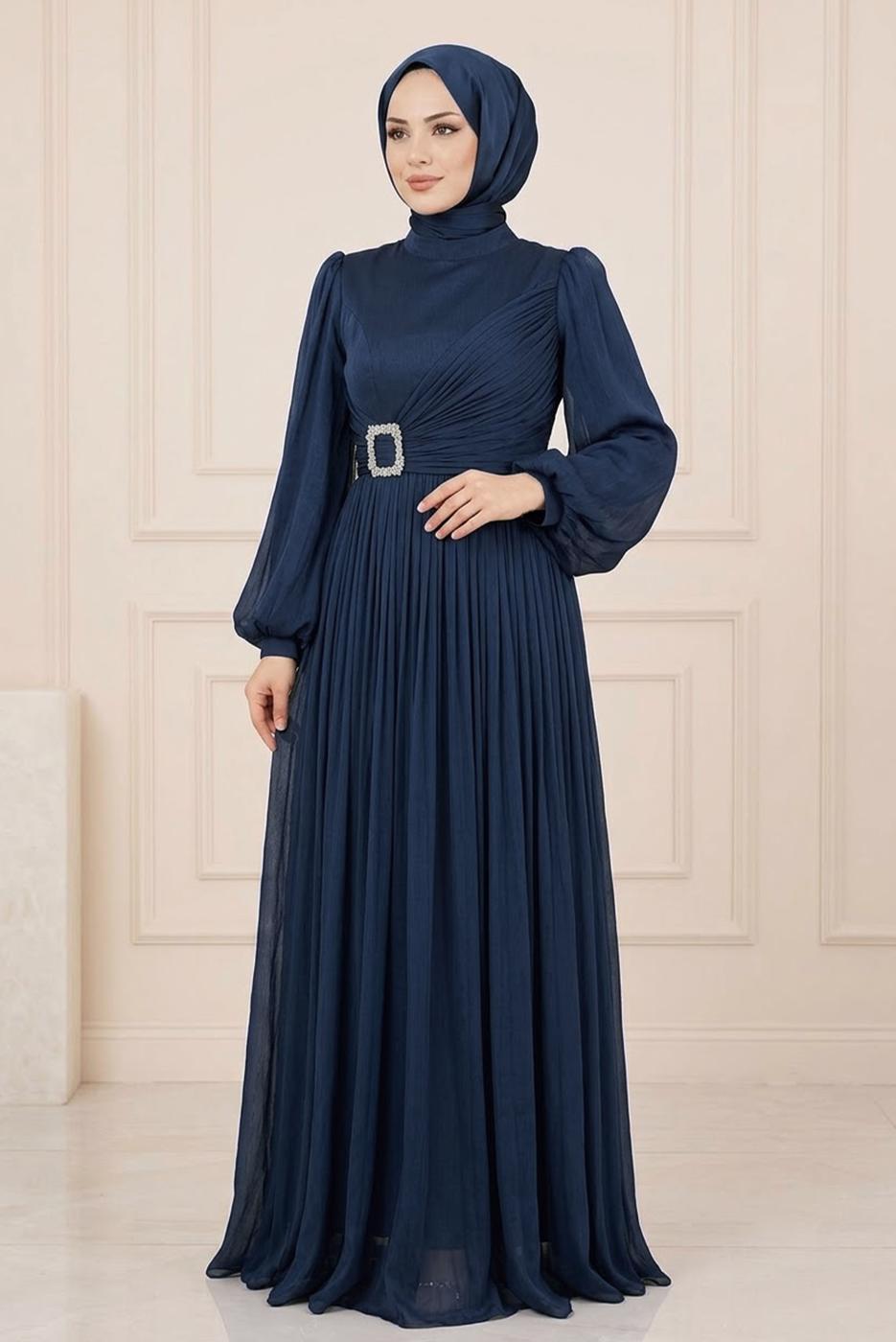 Tesettür giyim LACİVERT ŞİFON ABİYE ELBİSE T 1563
