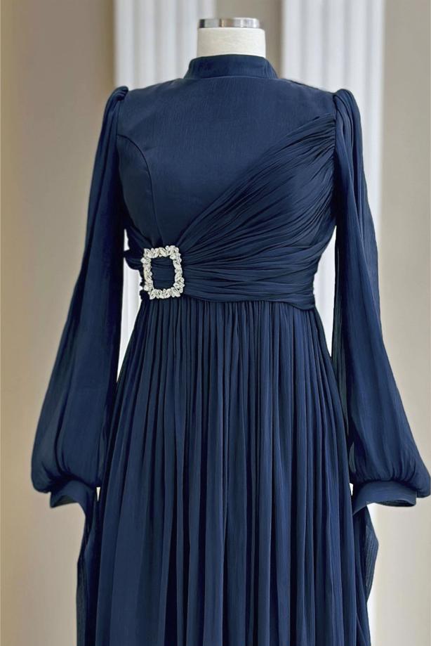 Tesettür giyim LACİVERT ŞİFON ABİYE ELBİSE T 1563 - TRENDTESETTÜR