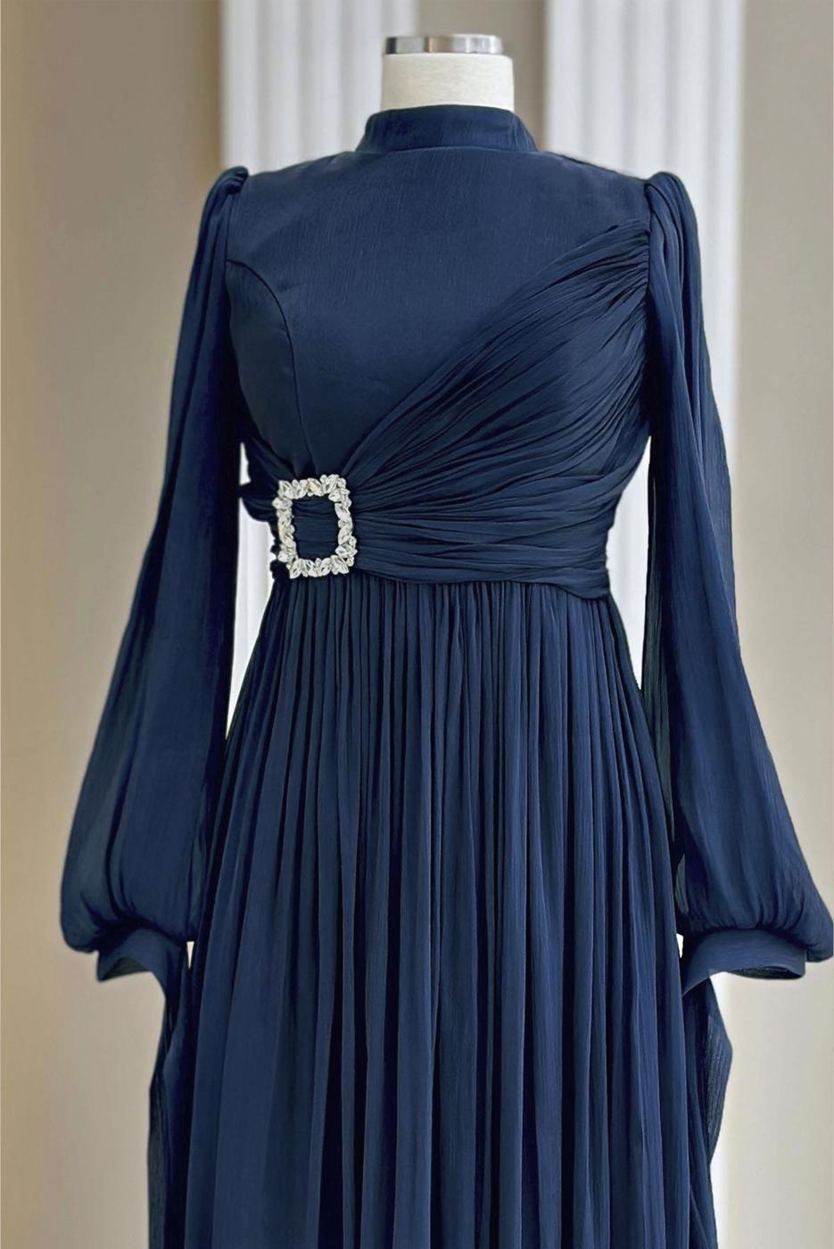 Tesettür giyim LACİVERT ŞİFON ABİYE ELBİSE T 1563