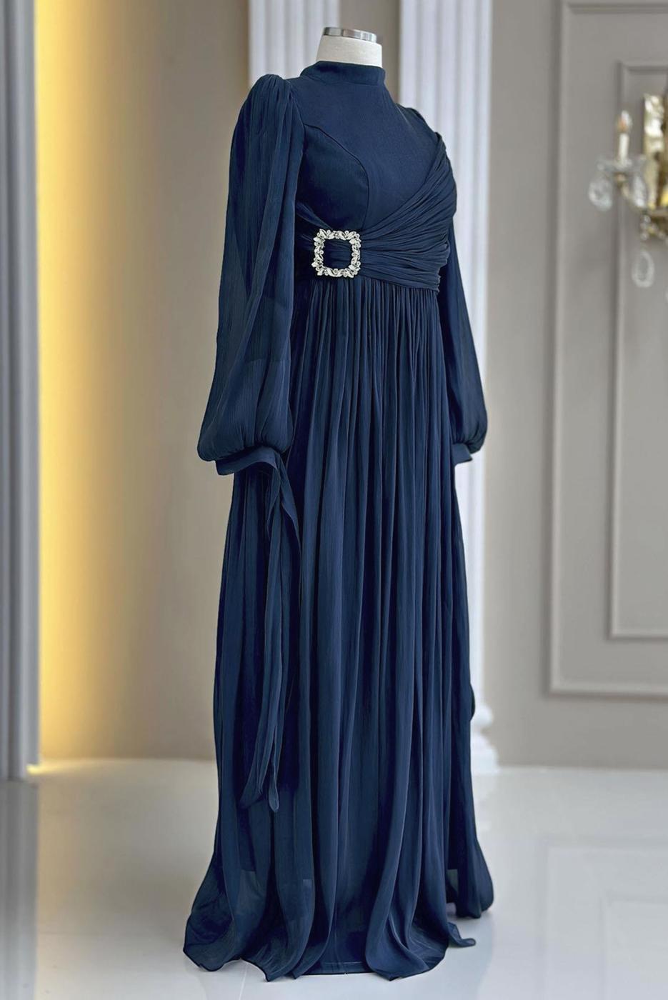 Tesettür giyim LACİVERT ŞİFON ABİYE ELBİSE T 1563