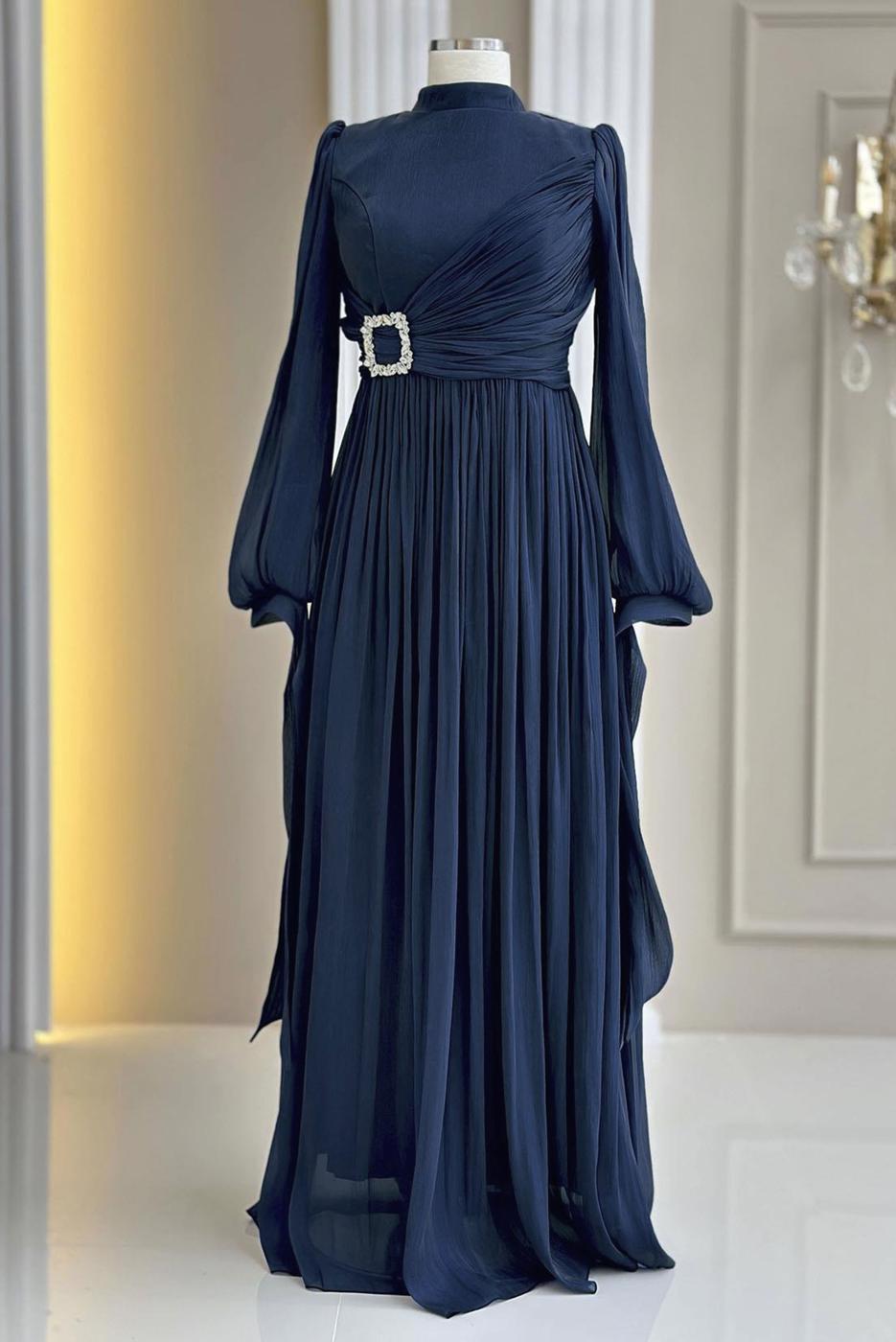 Tesettür giyim LACİVERT ŞİFON ABİYE ELBİSE T 1563