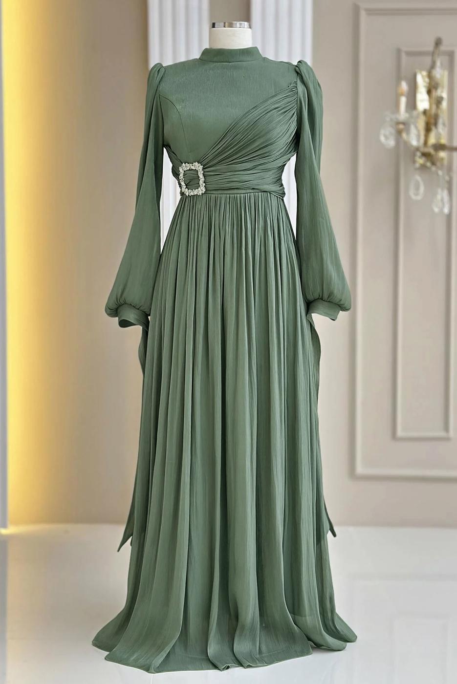 Tesettür giyim YEŞİL T 1563 AH ABİYE ELBİSE