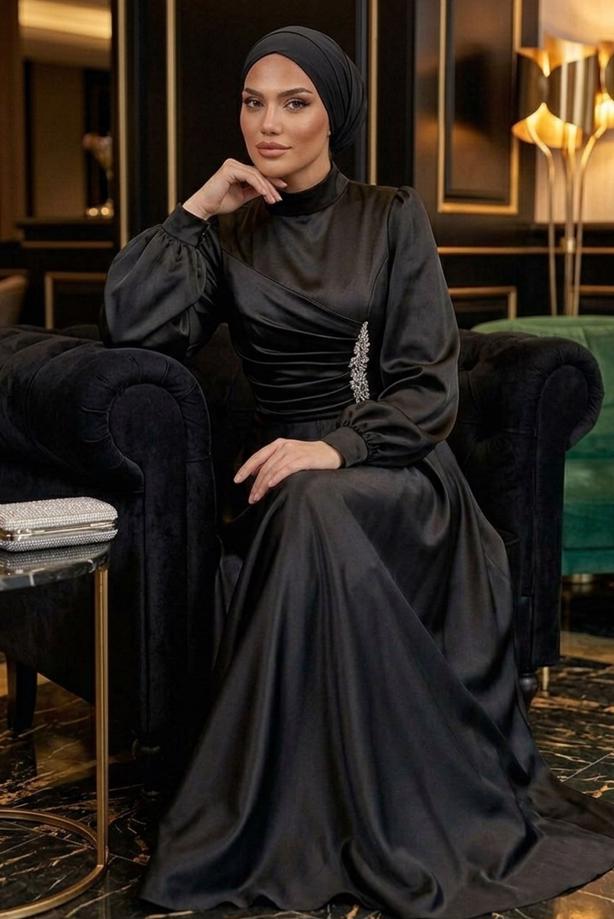 Hijab clothing BLACK SATIN EVENING DRESS T 1626 - TRENDTESETTÜR