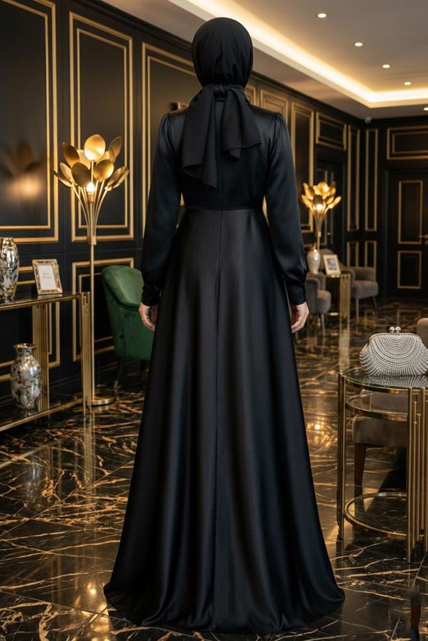 Hijab clothing BLACK SATIN EVENING DRESS T 1626 - TRENDTESETTÜR