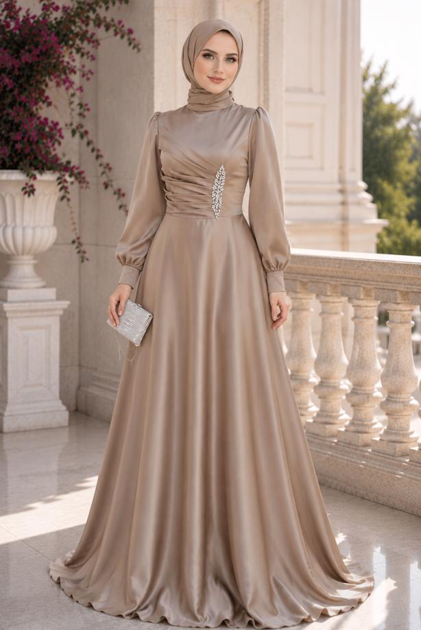 Hijab clothing BEIGE SATIN EVENING DRESS T 1626 - TRENDTESETTÜR