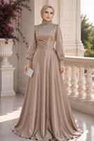 Hijab clothing BEIGE SATIN EVENING DRESS T 1626
