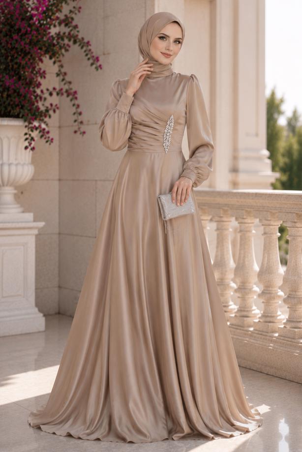 Hijab clothing BEIGE SATIN EVENING DRESS T 1626 - TRENDTESETTÜR