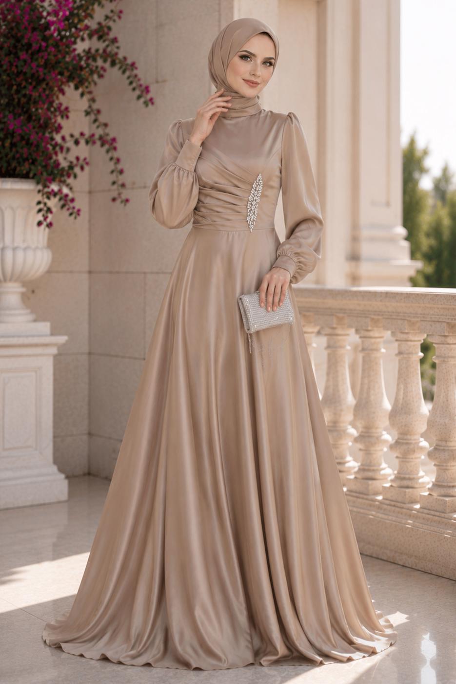 Hijab clothing BEIGE SATIN EVENING DRESS T 1626